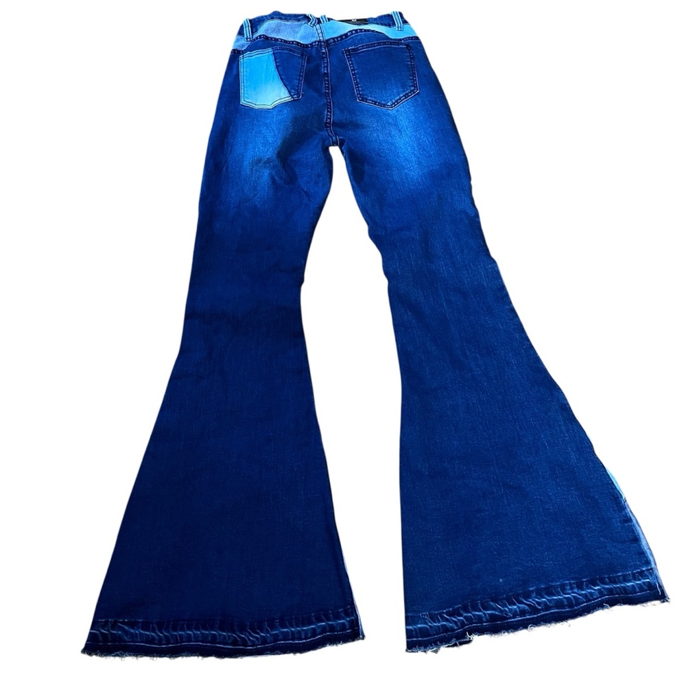 AMERICAN BAZI Patchwork Denim Overalls HighRise Flare Bell Bottoms M - Picture 2 of 12
